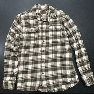 Orvis Green and Cream Thick Flannel Plaid Shirt with Pockets
